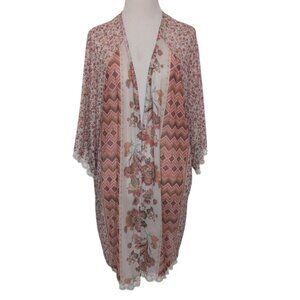 Cato Mixed Floral Kimono Cardigan Womens Size XL Pink Sheer Boho Lace Trim